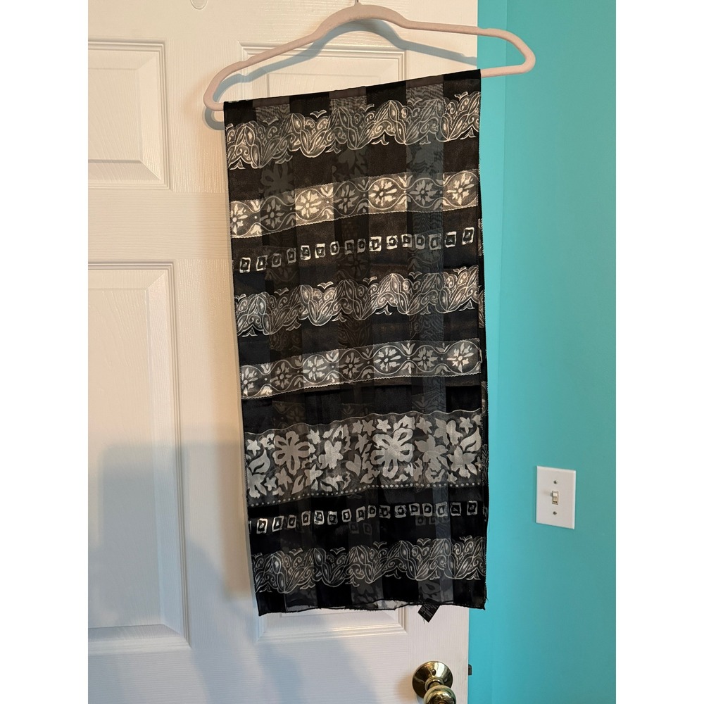 Vintage Black Silver Sheer Floral Geometric Scarf Lightweight Rectangular Wrap